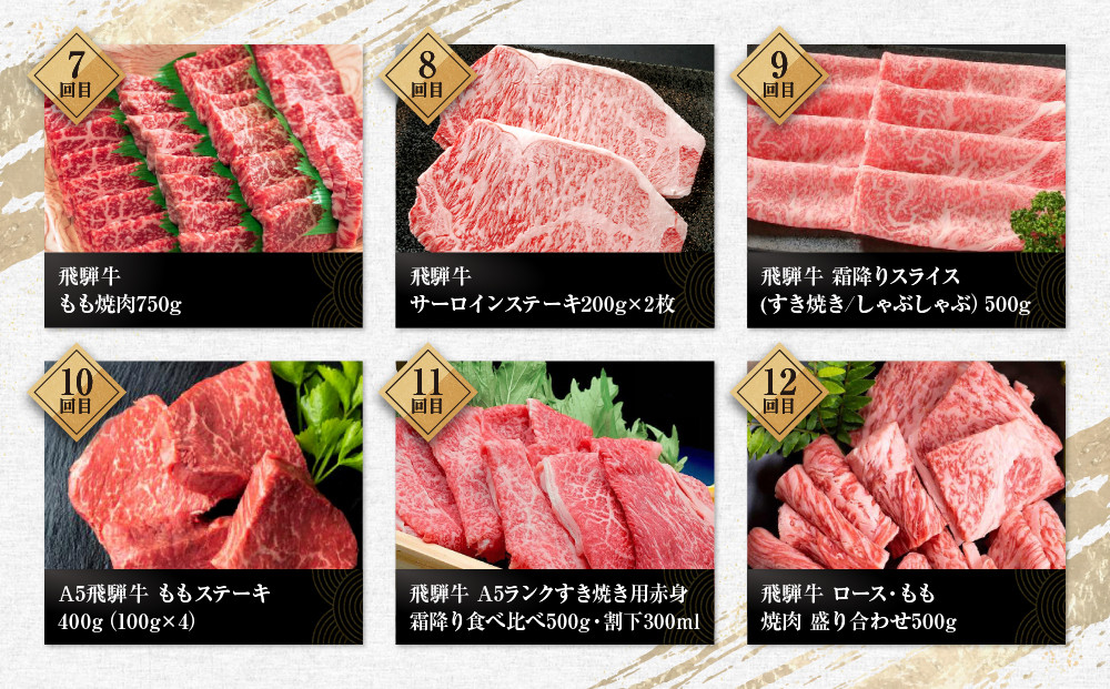 【飛騨牛 定期便】＜全12回＞ 毎月届く 計6.85kg | 肉 牛肉 お楽しみ 焼肉 すき焼き ステーキ しゃぶしゃぶ 食べ比べ 焼き肉 やきにく すき焼 すきやき サーロイン サイコロ ランプ 赤身 和牛 黒毛和牛 岐阜 高山 BBQ 人気 おすすめ 飛騨高山 ZZ010