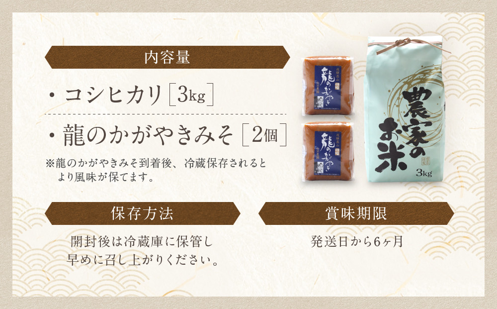 コシヒカリ3kg 龍のかがやきみそ2個入 | 龍の瞳由来のお味噌 みそ 発酵食品 保存料不使用 大豆 米 発酵 白米 山宗農園 HV004