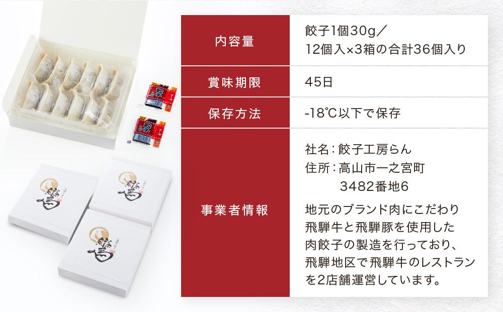 飛騨牛冷凍餃子 3箱セット（しょうが味）| 餃子の合計はたっぷり36個！ おいしく焼ける調理説明書付き 餃子 飛騨牛 おいしい 簡単 人気 10000円 餃子工房らん NL002