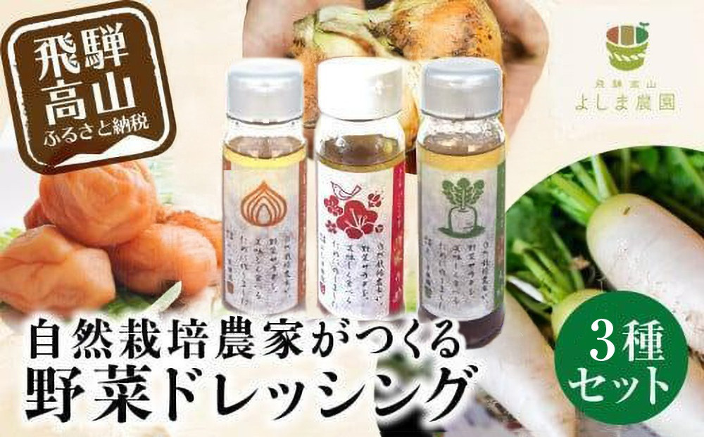 【1月配送】自然栽培農家のドレッシング3種 | 自家栽培農家 ドレッシング サラダ 自家栽培 洋風ドレッシング 玉ねぎドレッシング 大根おろしドレッシング 梅ドレッシング 飛騨高山 よしま農園 CK015VC01
