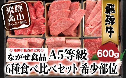 【5月発送】飛騨牛 焼肉 6種食べ比べ セット 600g(100g×6） 希少部位 A5 5等級 盛り合わせ 黒毛和牛 和牛 個包装 飛騨高山 ながせ食品 FH017VC05
