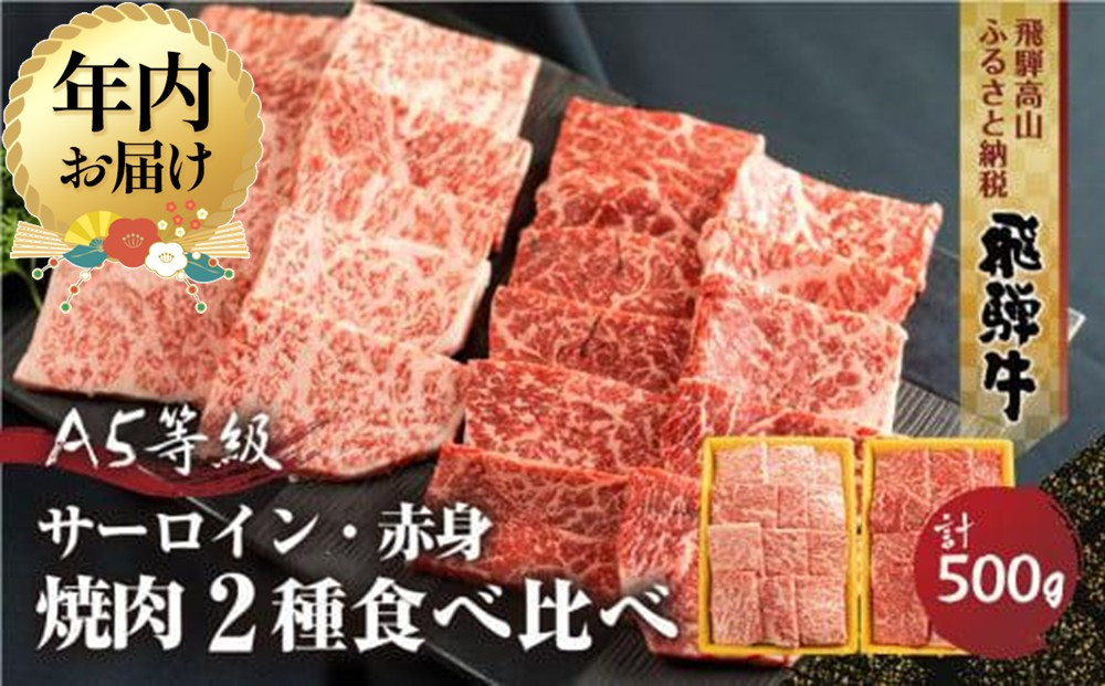 【12月配送】2種食べ比べ 焼肉！飛騨牛 A5等級| 年内発送 年内お届け ( サーロイン250g＋赤身もも 250g)  500g| 黒毛和牛 ブランド牛 丹生川精肉 JJ003VC12