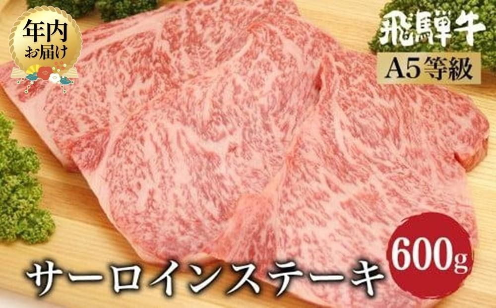 【12月配送（年内お届け）】飛騨牛サーロインステーキ600ｇ（200ｇ×3）年内発送 A5等級 ブランド牛 和牛  朝日屋 JX009VC12