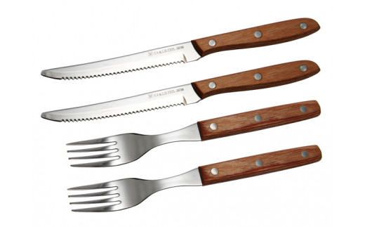 H5-162 木柄ステーキナイフ＆フォーク4本セット（ナイフ×2、フォーク×2）