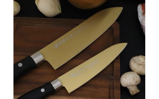 H10-27 濃州正宗作 チタンコーティング包丁2点セット（ゴールドカラー）