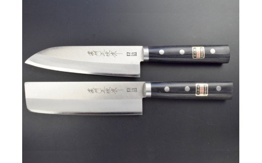 H40-05 DPクラッド包丁2点セット (三徳・薄刃) 濃州正恒作 丸口金付 (C-1213)