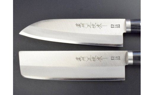 H40-05 DPクラッド包丁2点セット (三徳・薄刃) 濃州正恒作 丸口金付 (C-1213)