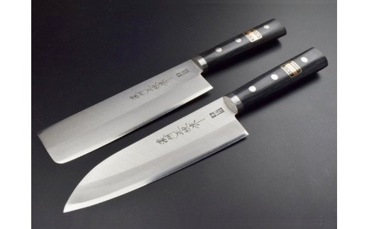 H40-05 DPクラッド包丁2点セット (三徳・薄刃) 濃州正恒作 丸口金付 (C-1213)