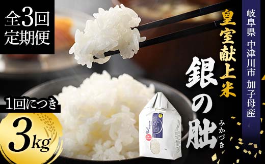 ＜テレビで紹介されました！＞令和7年度 新米【全3回定期便】皇室献上米『銀の朏』3kg 中津川市加子母産 栽培期間中化学肥料不使用 お米 新米 精米 F4N-1868