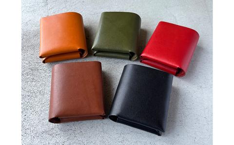 本革 ノンステッチの二つ折りミニ財布 栃木レザー　レッド