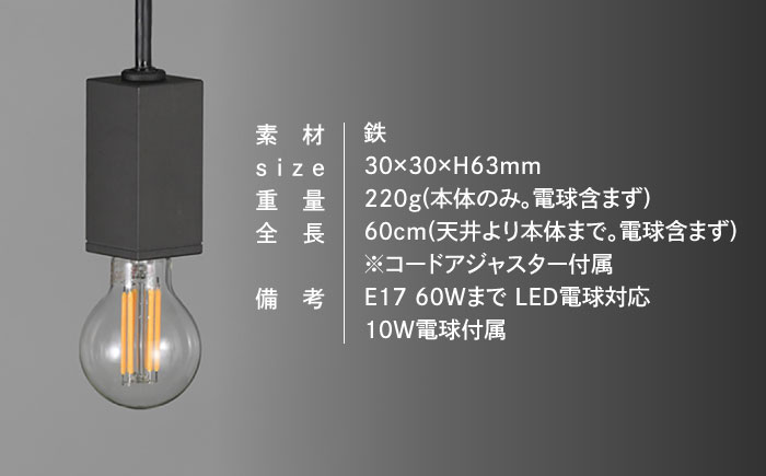 CTSH LIGHT. ペンダントライト＜SQUARE パーカーライジング E17＞ 瑞浪市 / ジオニック 照明器具 ソケット 鉄 ブラック [AZBQ097]