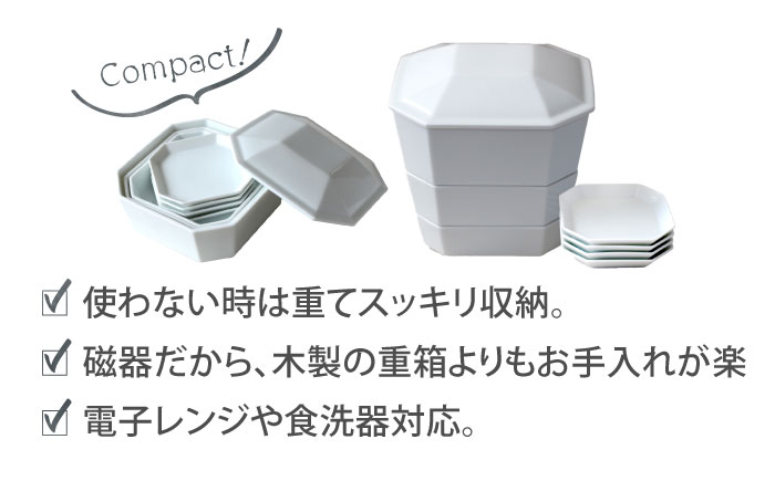 【美濃焼】 隅切重箱 (白) 入れ子式に収納できる磁器の重箱と小皿セット 瑞浪市 / 小田陶器 食器 お重 プレート [AZAM010]
