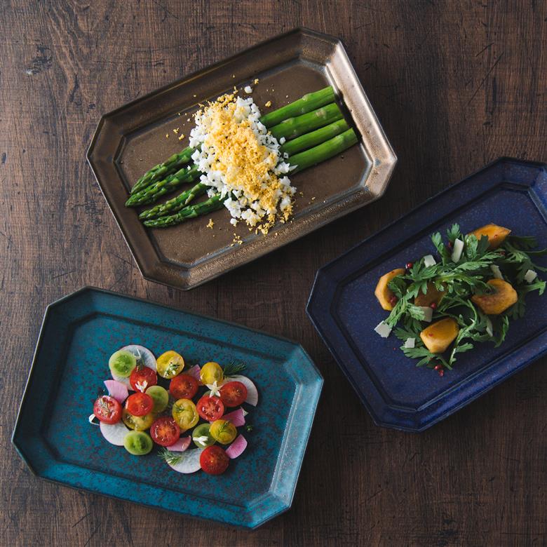 【美濃焼】 恩田陽子 コーヒーマグカップ 隅切長角皿 L 3色×各1点 計6点セット グリーン ゴールド パープル 瑞浪市 / JS企画 マグカップ 皿 プレート セット [AZAZ029]