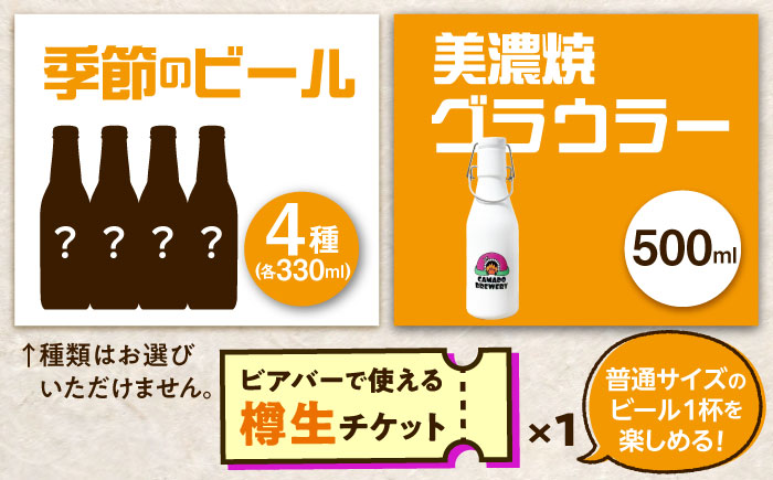 【12/22までの決済で年内発送】美濃焼グラウラー × 季節のビール4本 × カマドブリュワリー ビアバーチケット セット 瑞浪市 / カマドブリュワリー 水筒 ビール クラフトビール [AZBV010]