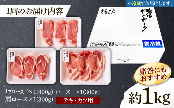 【3回定期便】 ※冷蔵配送/地域限定※ 岐阜県産 豚 瑞浪ボーノポーク ステーキ 1kg 食べ比べセット (リブロース・ロース・肩ロース) 瑞浪市 / きなぁた瑞浪 [AZCI059]
