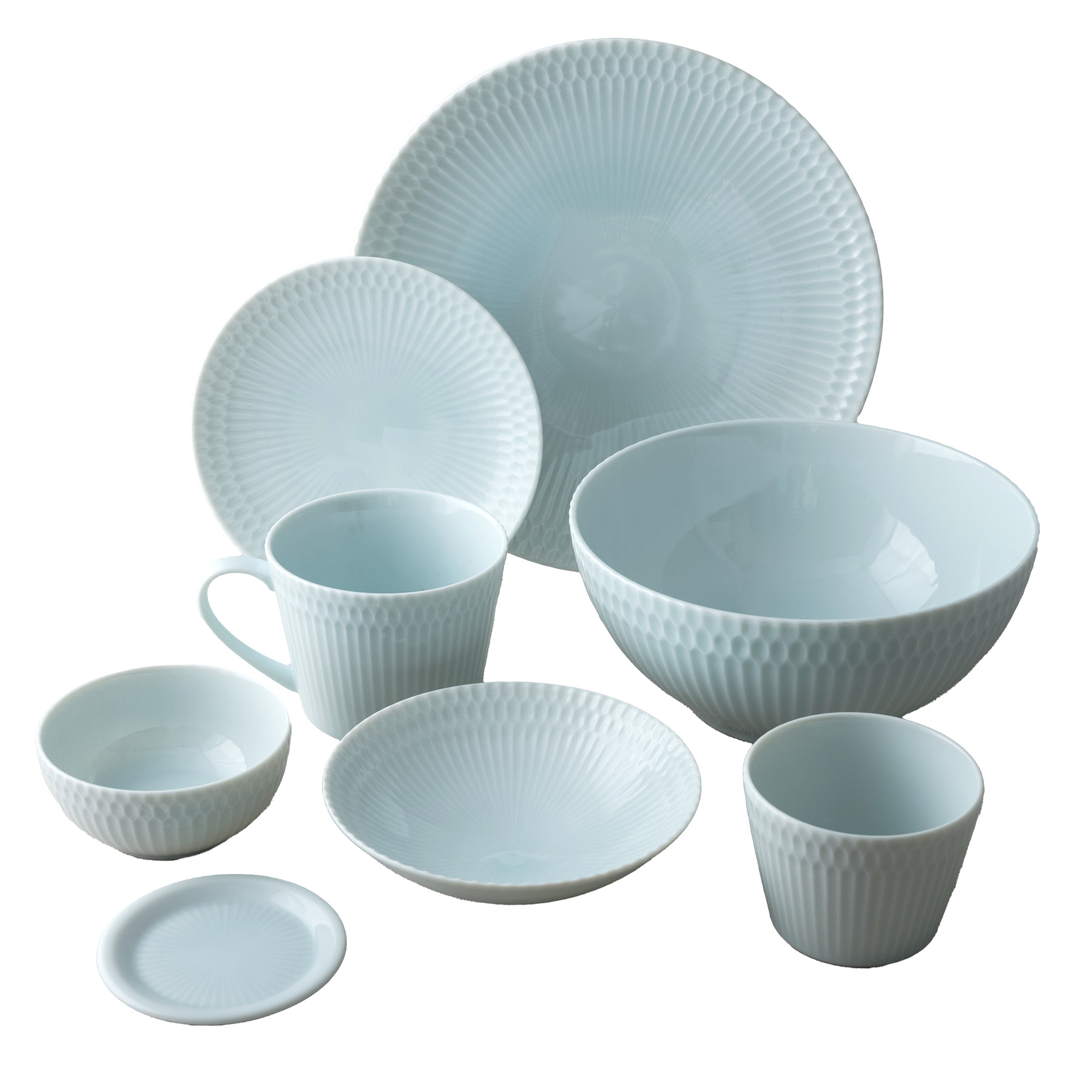 【3色から選べる】 【美濃焼】 さざなみ 8形状各4枚セット 24丸皿 16丸皿 19鉢 13取鉢 10小鉢 マグカップ 8.5猪口カップ 9フタ小皿 青白 瑞浪市 / JS企画 小田陶器 小皿 プレート 鉢 小鉢 カップ [AZAZ162] 青白