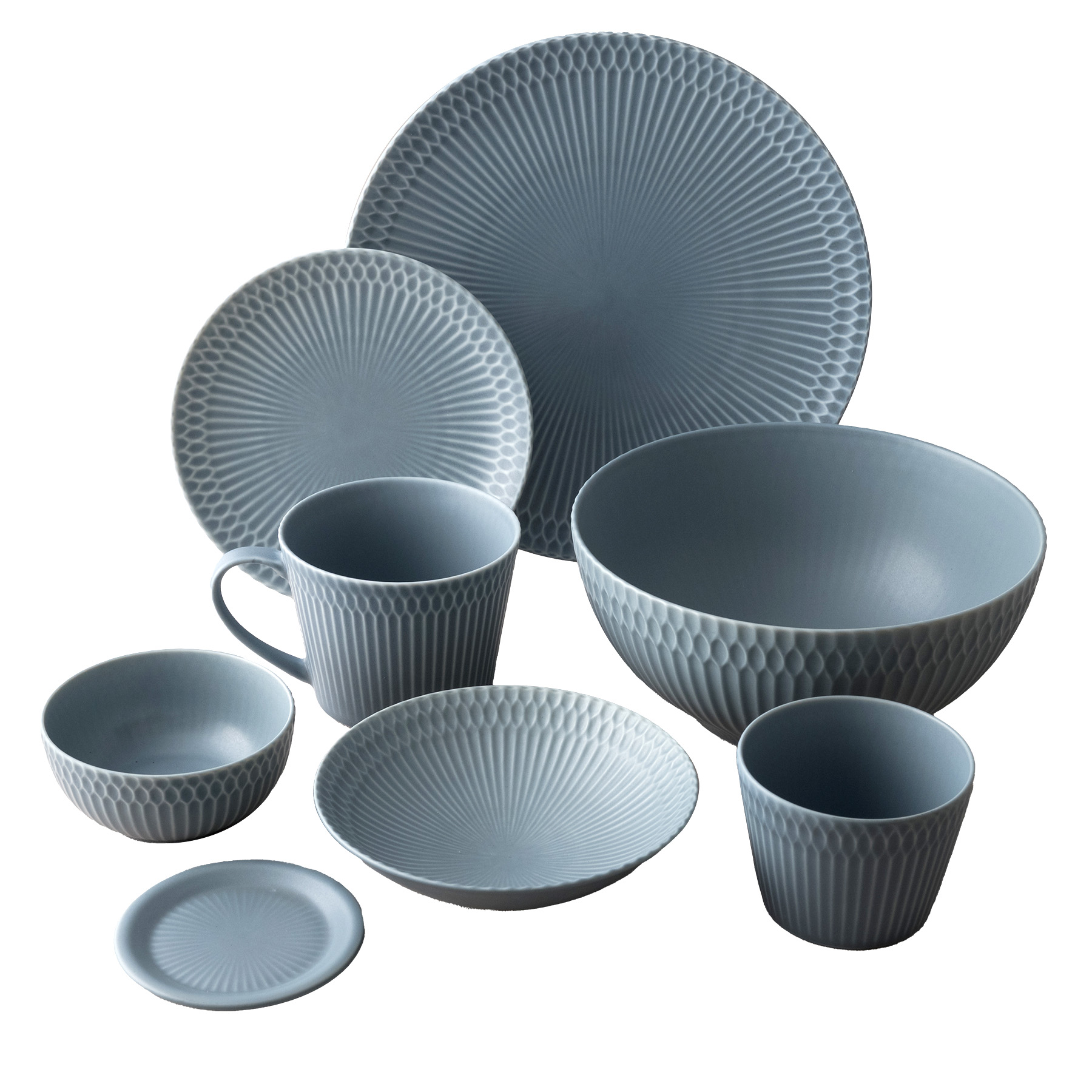 【3色から選べる】 【美濃焼】 さざなみ 8形状各4枚セット 24丸皿 16丸皿 19鉢 13取鉢 10小鉢 マグカップ 8.5猪口カップ 9フタ小皿 ブルーグレー 瑞浪市 / JS企画 小田陶器 小皿 プレート 鉢 小鉢 カップ [AZAZ163] ブルーグレー