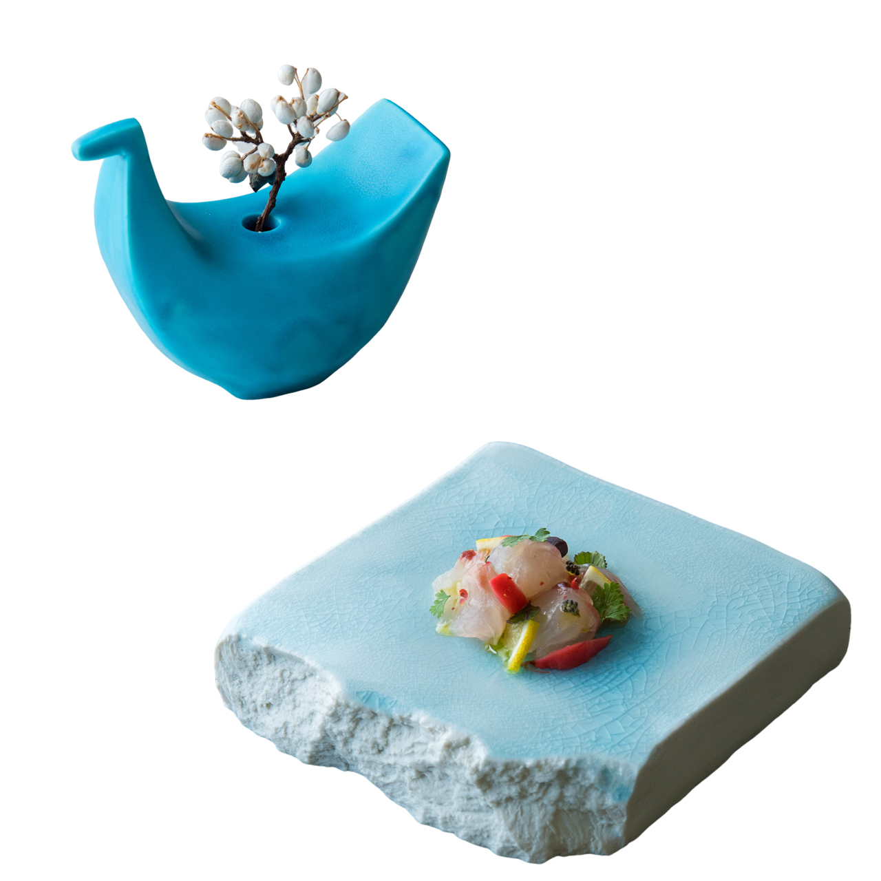 【美濃焼】 五十嵐務 鳥 一輪挿し トルコブルー 台皿 ガラス釉 ライトブルー 各1枚セット 瑞浪市 / JS企画 セット 陶芸作品 花瓶 インテリア 皿 小皿 食器 [AZAZ227]