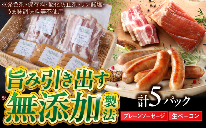 中山道ハム プレーンソーセージ 生ベーコン 計5パック 小分け 冷凍 瑞浪市 / オーガニックフーズ お取り寄せ 小分け 手作り 無塩せき 発色剤 保存料 無添加 [AZAK009]