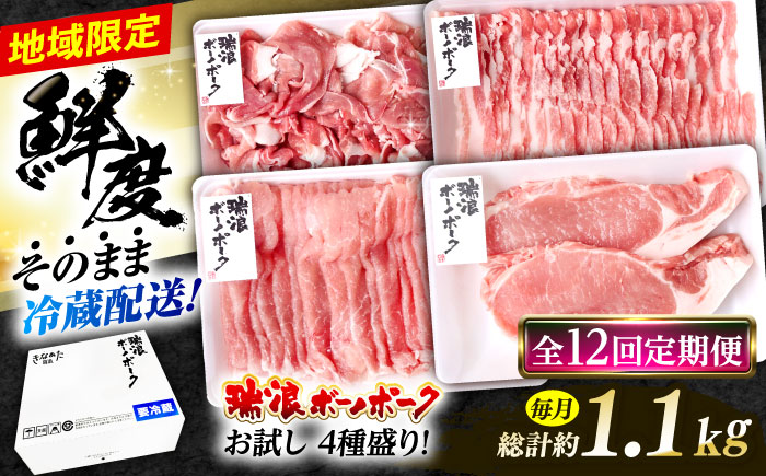 【12回定期便】 ※冷蔵配送/地域限定※ 岐阜県産 豚 瑞浪ボーノポーク お試し 4種盛り 1150g (ロースしゃぶしゃぶ・ローステキカツ・バラスライス・小間切) 瑞浪市 / きなぁた瑞浪 [AZCI052]