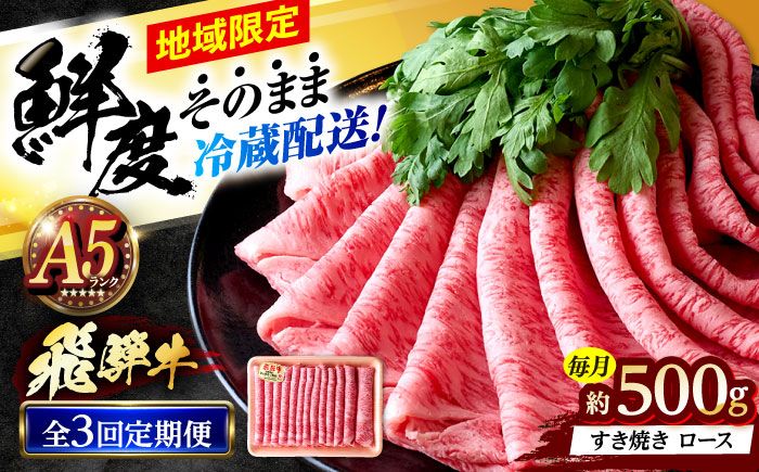 【3回定期便】 ※冷蔵配送/地域限定※ 飛騨牛 ロース すき焼き用 500g 瑞浪市 / きなぁた瑞浪 和牛 国産 岐阜県産 [AZCI083]