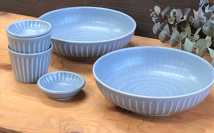 【美濃焼/みずなみ焼】 しのぎ マルチボウルL マルチカップ 豆皿 各2個セット ブルーグレー 瑞浪市 / 山喜製陶 食器 鉢 プレート [AZCP035]