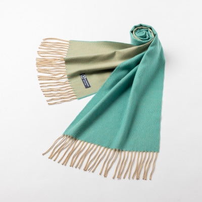 リバーシブル風　カシミヤ100%　マフラー　(ピーコックブルー×ベージュ)