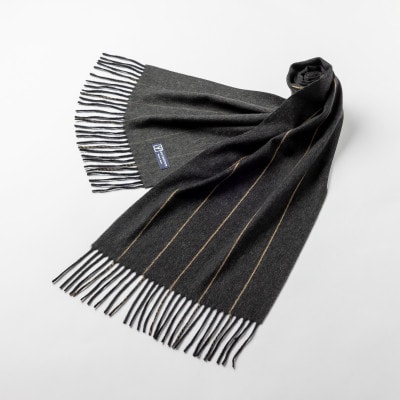 ペンシルストライプ　カシミヤ100%マフラー　(ブラック・キャメル×ミディアムグレ-)