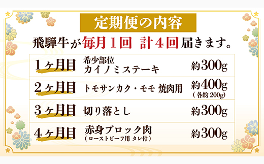 【毎月定期便】飛騨牛 少なめ定期便 計1.3kg 全4回 ステーキ 焼肉 切り落とし 赤身ブロック肉【配送不可地域：離島】