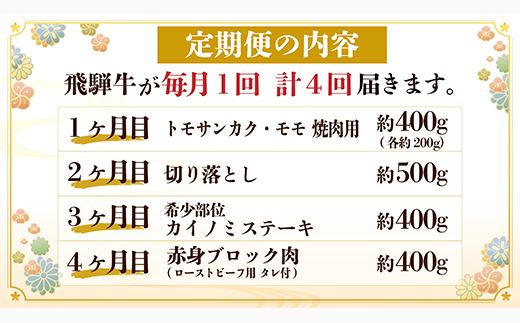 【毎月定期便】飛騨牛 定期便 計1.7kg【冷蔵便】A4～A5 バーベキュー ローストビーフ 全4回【配送不可地域：離島】
