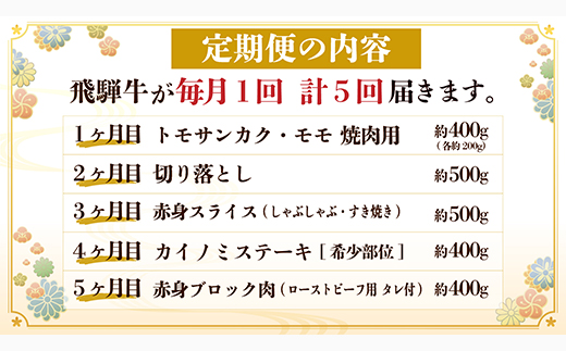 【毎月定期便】飛騨牛 定期便 計2.2kg【冷蔵便】A4～A5 バーベキュー ローストビーフ 全5回【配送不可地域：離島】