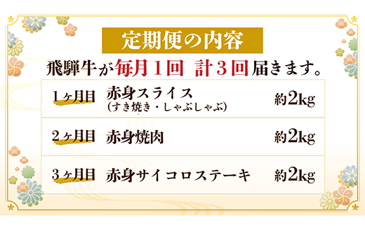 【毎月定期便】飛騨牛 赤身肉定期便 計6kg全3回【配送不可地域：離島】