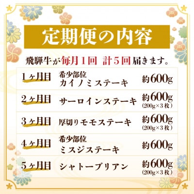 【毎月定期便】飛騨牛 極ステーキ定期便　計約3kg【冷蔵便】全5回　A4～A5等級　黒毛和牛【配送不可地域：離島】