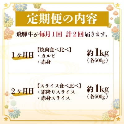 飛騨牛霜降り・赤身食べ比べセット　2ヶ月定期便　計2kg　A4～A5【配送不可地域：離島】