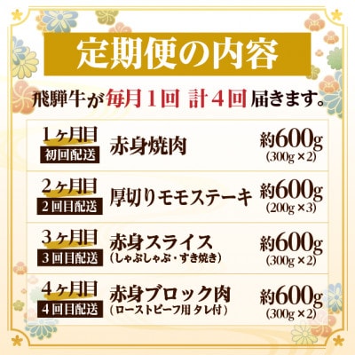 【毎月定期便】飛騨牛 赤身定期便 計2.4kg 焼肉 BBQ すき焼き しゃぶしゃぶ ブロック全4回【配送不可地域：離島】