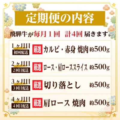 【毎月定期便】飛騨牛　赤身・霜降り定期便　計2kg カルビ・赤身・ロース(焼肉・BBQ用)全4回【配送不可地域：離島】
