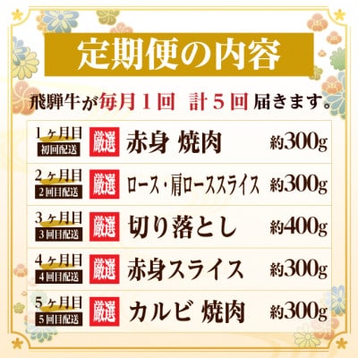 【毎月定期便】飛騨牛　厳選少なめ定期便　計1.6kg　カルビ・赤身(焼肉・BBQ用)ロース全5回【配送不可地域：離島】
