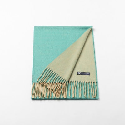 リバーシブル風　カシミヤ100%　マフラー　(ピーコックブルー×ベージュ)