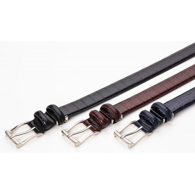 クロコダイル調　型押しビジネスベルト　日本製　ネイビー