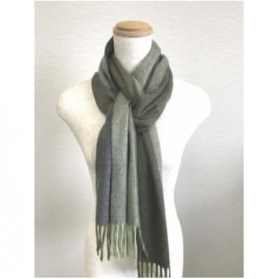リバーシブル風　カシミヤ・ウール　マフラー(モスグリーン)
