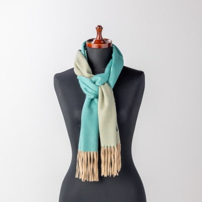 リバーシブル風　カシミヤ100%　マフラー　(ピーコックブルー×ベージュ)