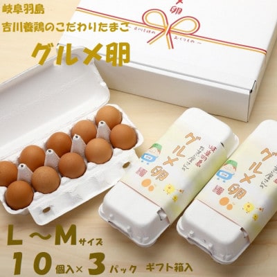 吉川養鶏のグルメ卵(L～Mサイズ10個×3パック)　贈答箱　観光協会推奨【はしまブランド】認定品　【配送不可地域：離島】