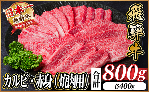 飛騨牛 厳選カルビ・赤身(焼肉・BBQ用) 800g(各400g)　黒毛和牛　小分け　A4～A5等級【配送不可地域：離島】