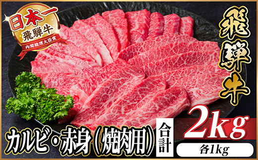 飛騨牛 厳選カルビ・赤身(焼肉・BBQ用) 2kg(各500g×2パック) 黒毛和牛 小分け【配送不可地域：離島】