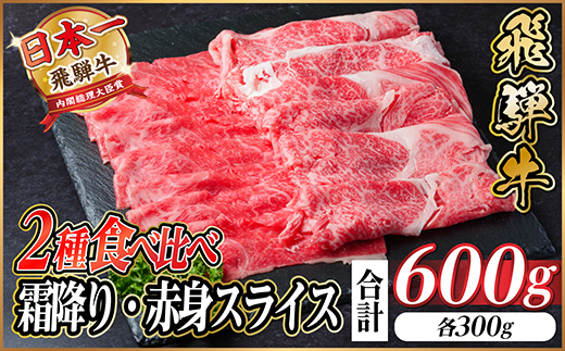 飛騨牛　霜降・赤身スライス食べ比べセット　計600g(各300g)  すき焼き・しゃぶしゃぶ用　【配送不可地域：離島】
