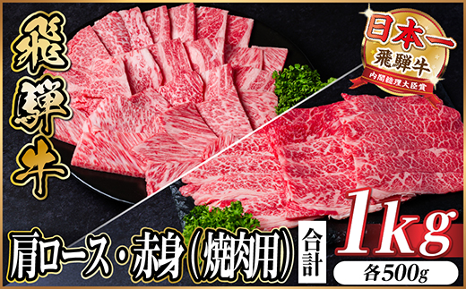 飛騨牛　厳選肩ロース・赤身(焼肉・BBQ用) 1kg(各500g) 黒毛和牛　小分け　A4～A5等級【配送不可地域：離島】