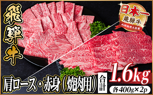 飛騨牛　厳選肩ロース・赤身(焼肉・BBQ用)  1.6kg(各800g) 黒毛和牛 小分けA4～A5【配送不可地域：離島】