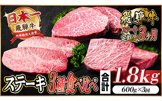 【毎月定期便】飛騨牛ステーキ定期便　計約1.8kg【冷蔵便】全3回【配送不可地域：離島】