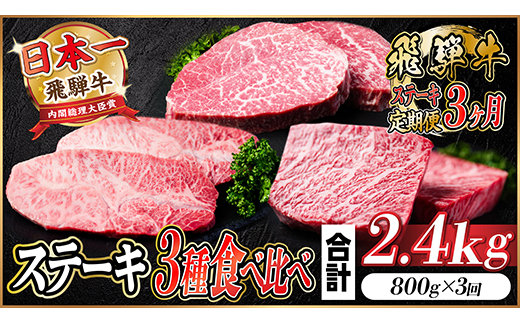 【毎月定期便】飛騨牛ステーキ定期便　計約2.4kg【冷蔵便】全3回【配送不可地域：離島】