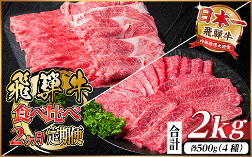 飛騨牛霜降り・赤身食べ比べセット　2ヶ月定期便　計2kg　A4～A5【配送不可地域：離島】